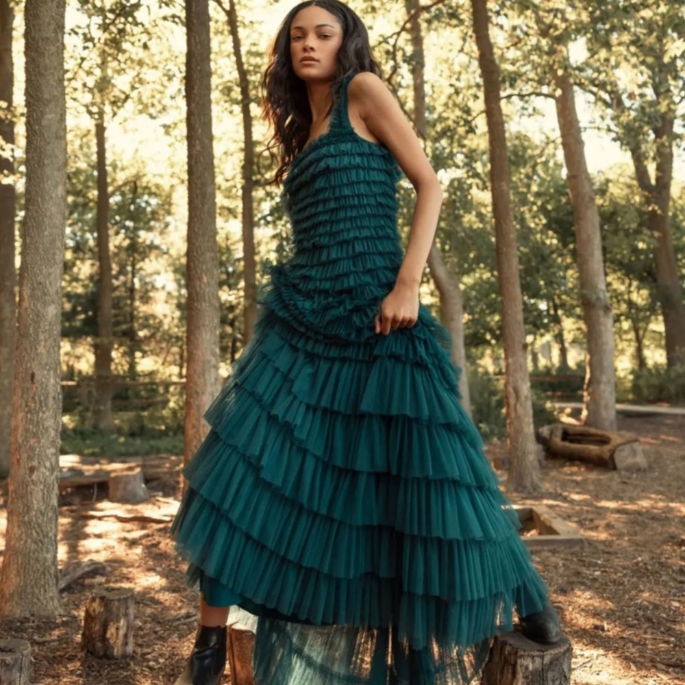 Mac Duggal Square-Neck Ruffled Tiered Tulle Formal Ball Gown Teal Green Size 10 - Picture 4 of 15